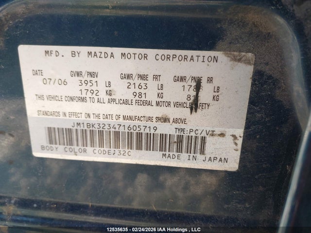 Aukcja sprzedaży 2007 Mazda 3 S, vin: JM1BK323471605719, numer aukcji: 12535635