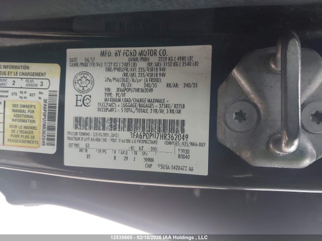 3FA6P0PU7HR362049 Ford Fusion