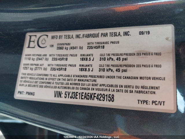 Aukcja sprzedaży 2019 Tesla Model 3, vin: 5YJ3E1EA5KF429158, numer aukcji: 12535674