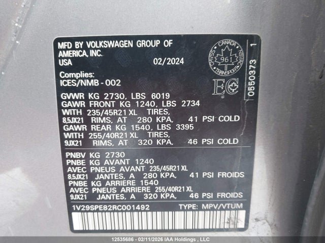 12535686 :رقم المزاد ، 1V29SPE82RC001492 vin ، 2024 Volkswagen Id.4 Pro S مزاد بيع