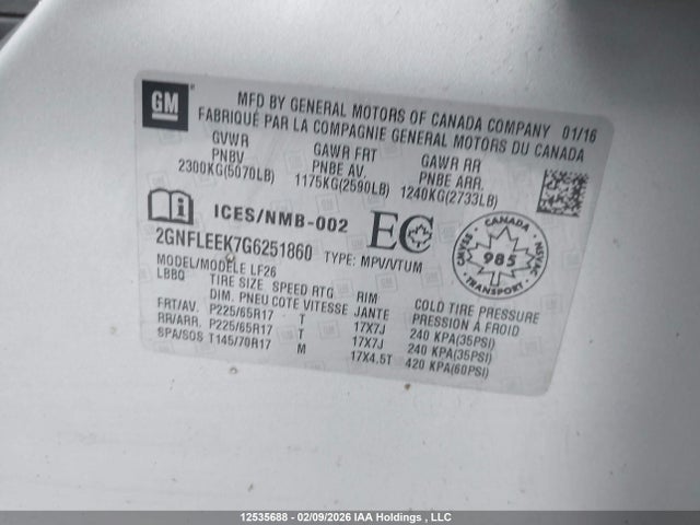 12535688 :رقم المزاد ، 2GNFLEEK7G6251860 vin ، 2016 Chevrolet Equinox Ls مزاد بيع