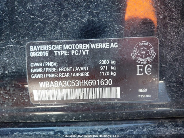 12535695 :رقم المزاد ، WBA8A3C53HK691630 vin ، 2017 Bmw 320i Xdrive مزاد بيع