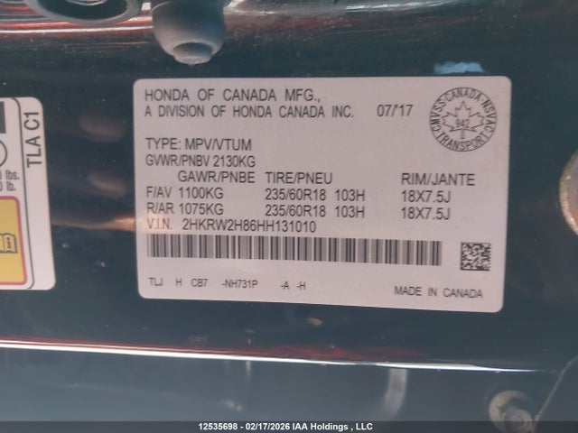 Продаж на аукціоні авто 2017 Honda Cr-v, vin: 2HKRW2H86HH131010, номер лоту: 12535698