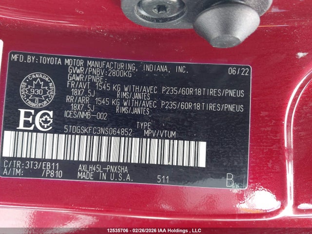 5TDGSKFC3NS064852 Toyota Sienna Le/xle/xse/limited/platinum