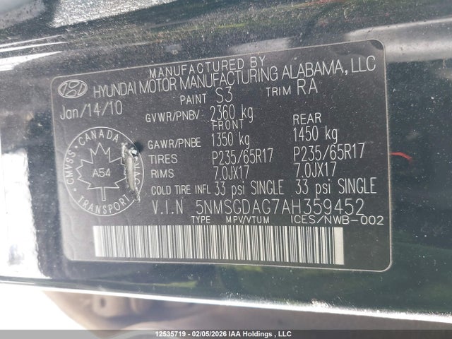 Aukcja sprzedaży 2010 Hyundai Santa Fe, vin: 5NMSGDAG7AH359452, numer aukcji: 12535719
