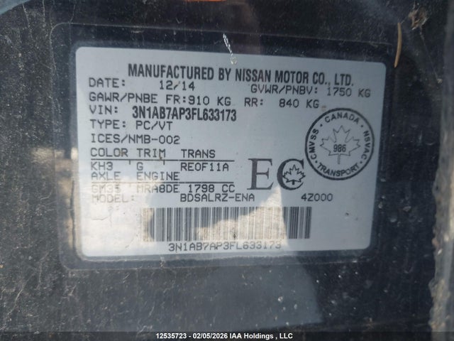 3N1AB7AP3FL633173 Nissan Sentra 1.8 S/1.8 Sl/1.8 Sr/1.8 Sv