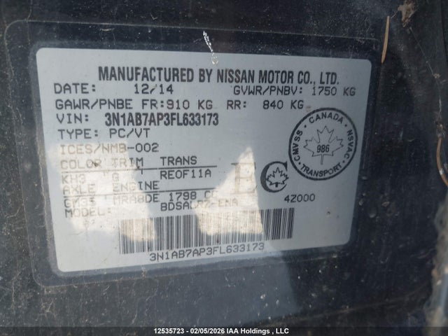 3N1AB7AP3FL633173 Nissan Sentra 1.8 S/1.8 Sl/1.8 Sr/1.8 Sv