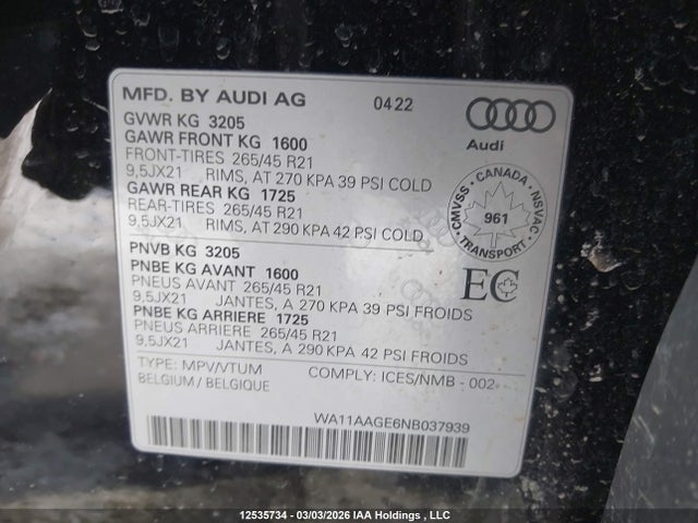 WA11AAGE6NB037939 Audi E-TRON SPORTBACK
