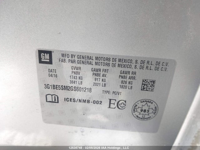3G1BE5SM2GS601218 Chevrolet Cruze