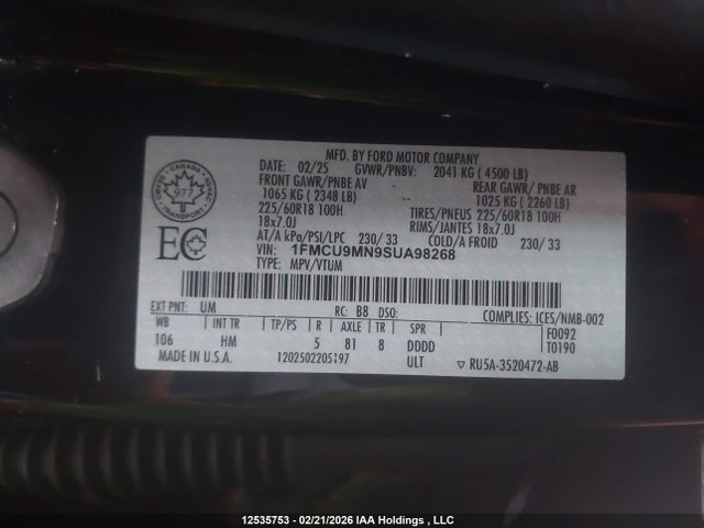 Aukcja sprzedaży 2025 Ford Escape St-line, vin: 1FMCU9MN9SUA98268, numer aukcji: 12535753
