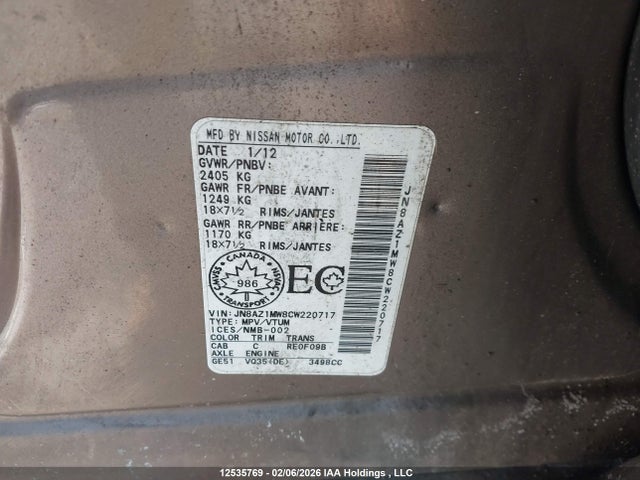 Продаж на аукціоні авто 2012 Nissan Murano S/sl/le, vin: JN8AZ1MW8CW220717, номер лоту: 12535769