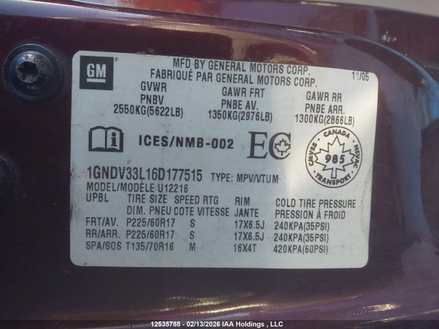 12535788 :رقم المزاد ، 1GNDV33L16D177515 vin ، 2006 Chevrolet Uplander Lt1/lt2 مزاد بيع