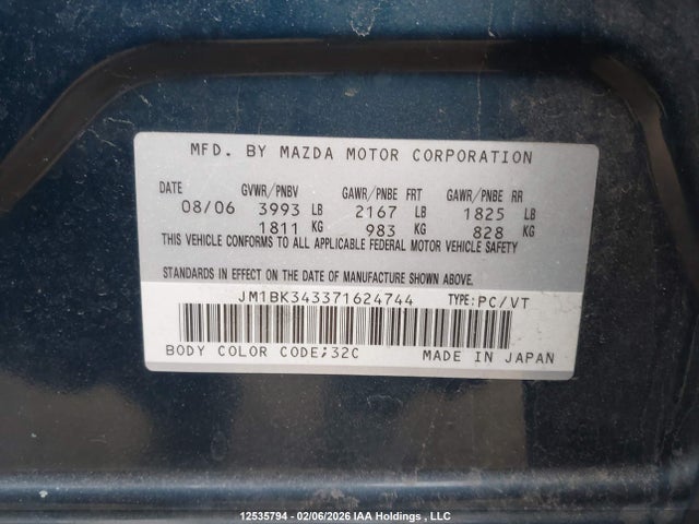 Aukcja sprzedaży 2007 Mazda 3 Hatchback, vin: JM1BK343371624744, numer aukcji: 12535794
