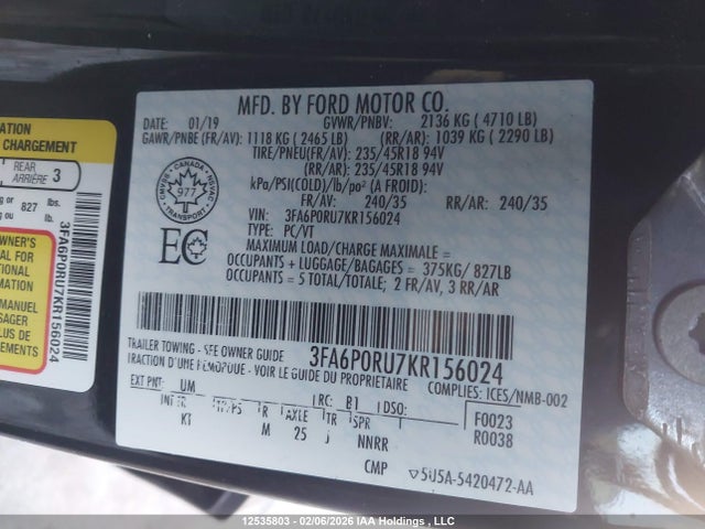 Aukcja sprzedaży 2019 Ford Fusion Titanium, vin: 3FA6P0RU7KR156024, numer aukcji: 12535803