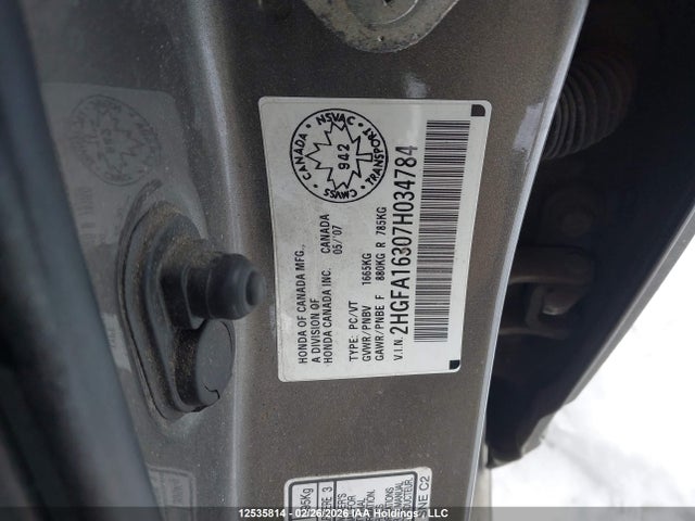 Aukcja sprzedaży 2007 Honda Civic, vin: 2HGFA16307H034784, numer aukcji: 12535814