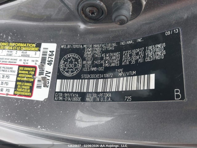 12535837 :رقم المزاد ، 5TDZK3DCXES410672 vin ، 2014 Toyota Sienna مزاد بيع