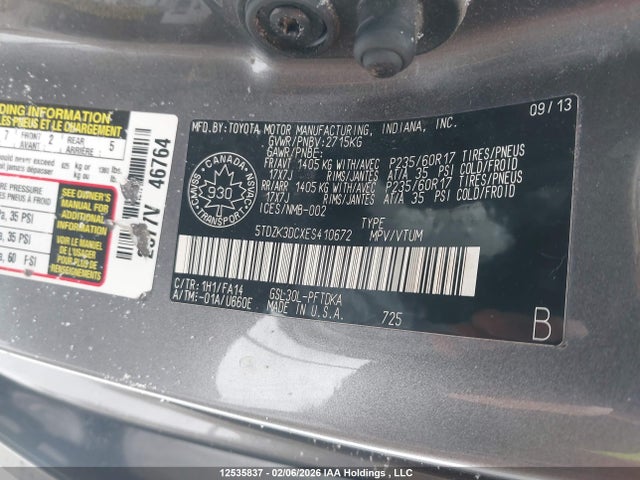 12535837 :رقم المزاد ، 5TDZK3DCXES410672 vin ، 2014 Toyota Sienna مزاد بيع