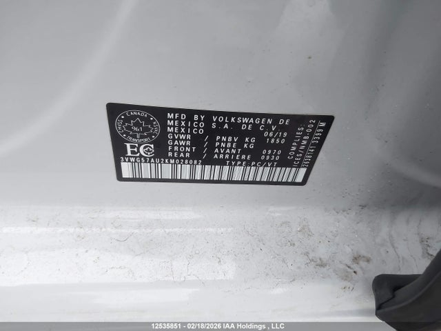 3VWG57AU2KM028082 Volkswagen Golf 1.4 Tsi Comfortline/1.4 Tsi Execline/1.4 Tsi Highline