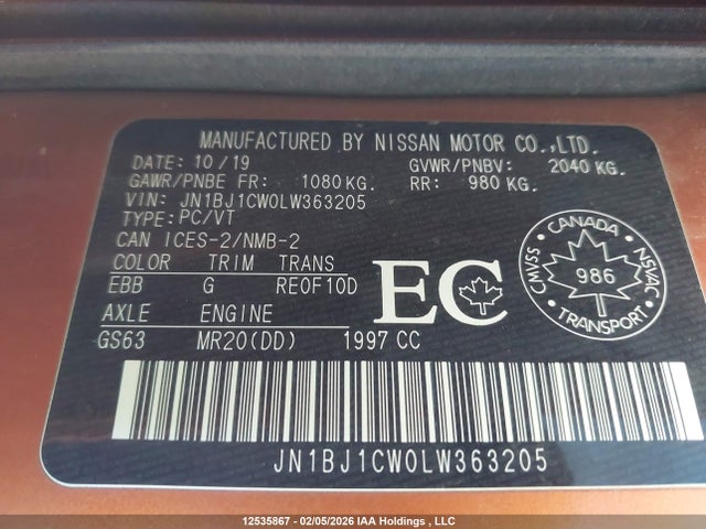 JN1BJ1CW0LW363205 Nissan Rogue Sport S/sv/sl