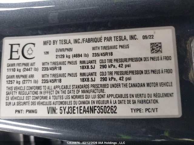 Aukcja sprzedaży 2022 Tesla Model 3, vin: 5YJ3E1EA4NF350262, numer aukcji: 12535876