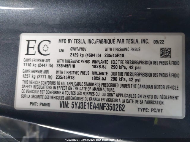 Aukcja sprzedaży 2022 Tesla Model 3, vin: 5YJ3E1EA4NF350262, numer aukcji: 12535876