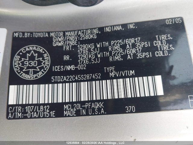2005 Toyota Sienna Xle/xle Limited მანქანა იყიდება აუქციონზე, vin: 5TDZA22C45S287452, აუქციონის ნომერი: 12535884