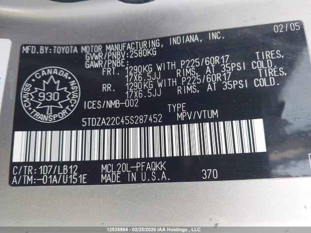 2005 Toyota Sienna Xle/xle Limited მანქანა იყიდება აუქციონზე, vin: 5TDZA22C45S287452, აუქციონის ნომერი: 12535884