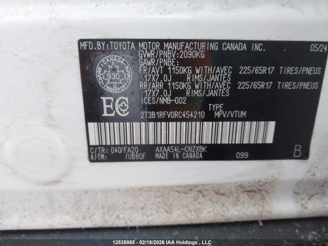12535885 :رقم المزاد ، 2T3B1RFV0RC454210 vin ، 2024 Toyota Rav4 Le مزاد بيع
