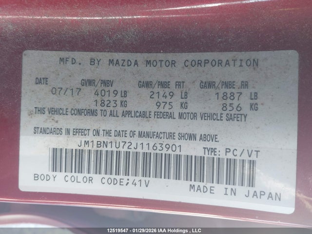 JM1BN1U72J1163901 Mazda Mazda3 Gx