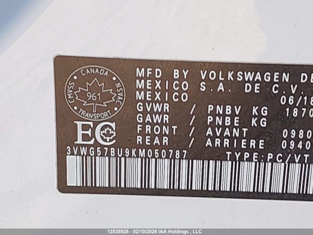 3VWG57BU9KM050787 Volkswagen Jetta 1.4 Tsi Execline