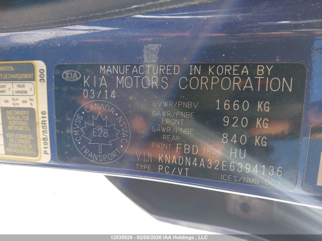 KNADN4A32E6394136 KIA Rio Ex/ex+/lx/lx+/sx