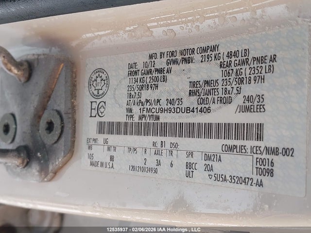 Продаж на аукціоні авто 2013 Ford Escape Sel, vin: 1FMCU9H93DUB41406, номер лоту: 12535937