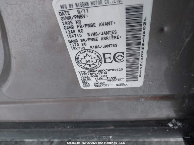 12535940 :رقم المزاد ، JN8AZ1MWXCW202820 vin ، 2012 Nissan Murano S/sl/le مزاد بيع