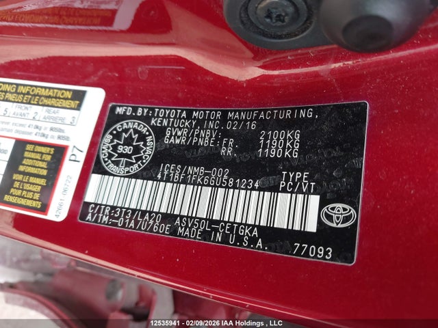Toyota CAMRY XLE 2016 4T1BF1FK6GU581234 Image 9