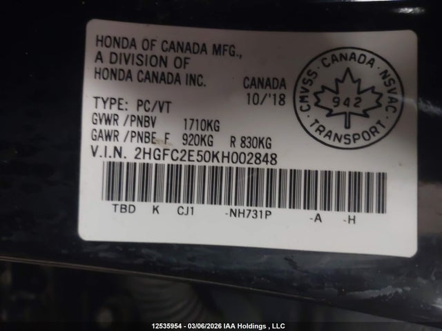 Honda Civic Lx 2019 2HGFC2E50KH002848 Image 19