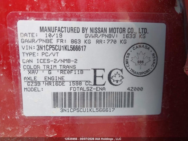 2019 Nissan Kicks მანქანა იყიდება აუქციონზე, vin: 3N1CP5CU1KL566617, აუქციონის ნომერი: 12535956