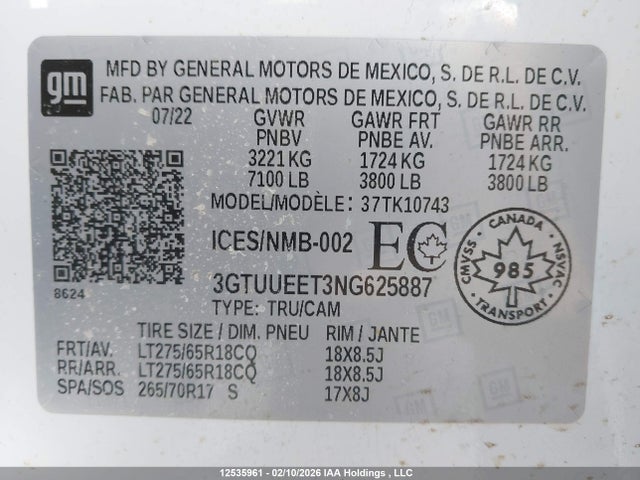 3GTUUEET3NG625887 GMC Sierra 1500 At4