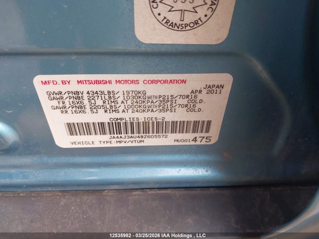 12535982 :رقم المزاد ، JA4AJ3AU4BZ605572 vin ، 2011 Mitsubishi Rvr Se مزاد بيع