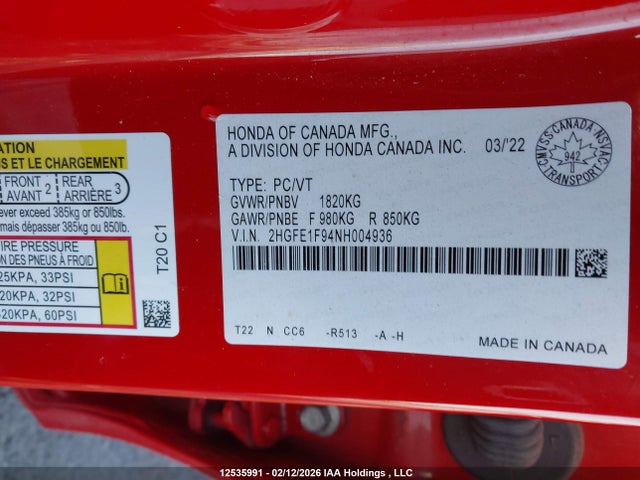2HGFE1F94NH004936 Honda Civic Touring