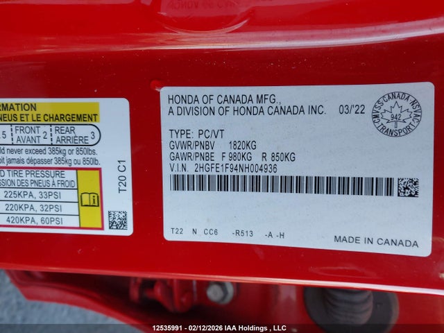 2HGFE1F94NH004936 Honda Civic Touring