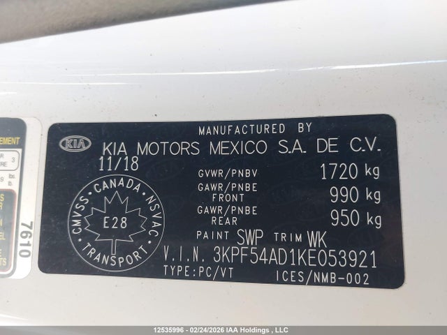 3KPF54AD1KE053921 KIA FORTE EX