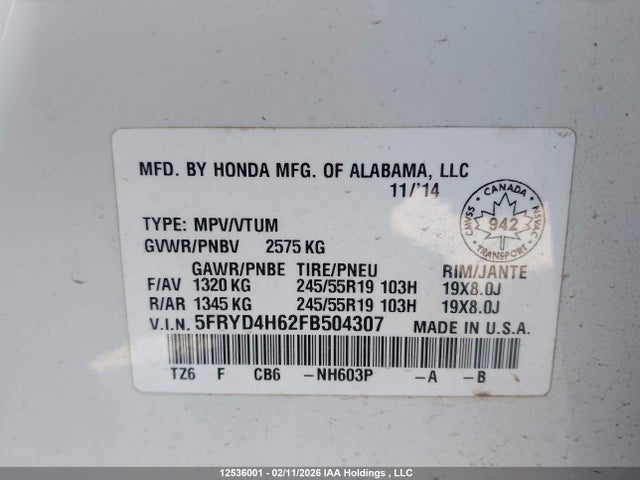 Продажа на аукционе авто 2015 Acura Mdx Technology Package, vin: 5FRYD4H62FB504307, номер лота: 12536001