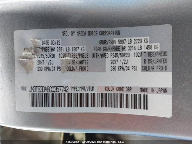 Продаж на аукціоні авто 2012 Mazda Cx-9 Gt, vin: JM3TB3DA8C0357742, номер лоту: 12536012