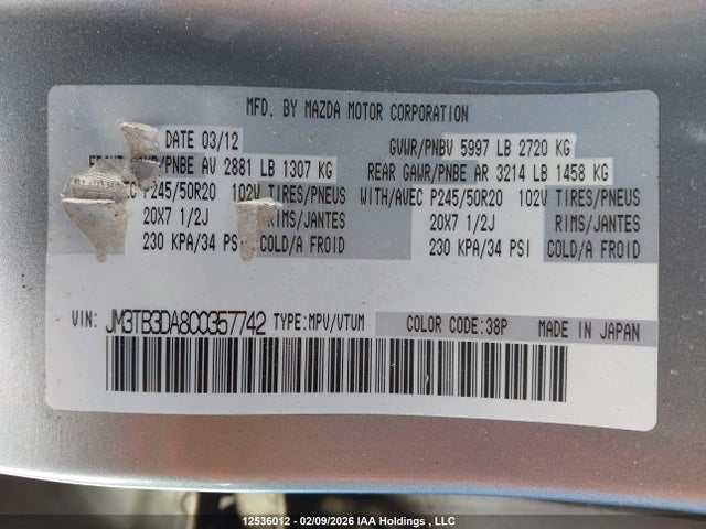 Продаж на аукціоні авто 2012 Mazda Cx-9 Gt, vin: JM3TB3DA8C0357742, номер лоту: 12536012