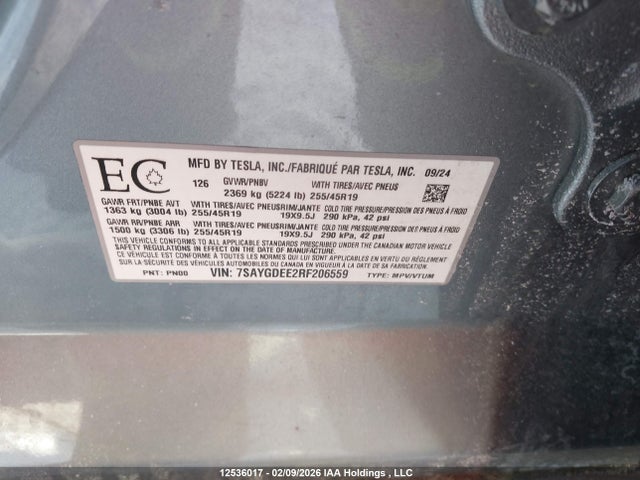 Продаж на аукціоні авто 2024 Tesla Model Y, vin: 7SAYGDEE2RF206559, номер лоту: 12536017