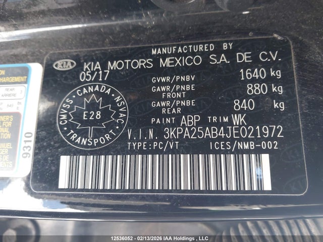 3KPA25AB4JE021972 KIA RIO LX/S