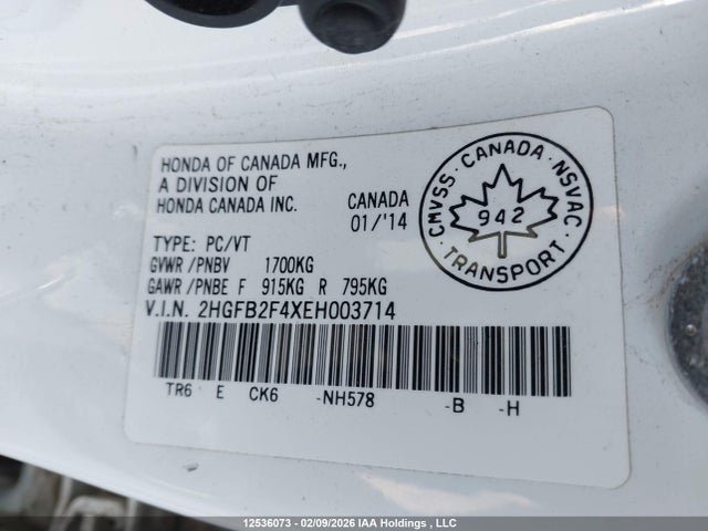 Aukcja sprzedaży 2014 Honda Civic Lx, vin: 2HGFB2F4XEH003714, numer aukcji: 12536073