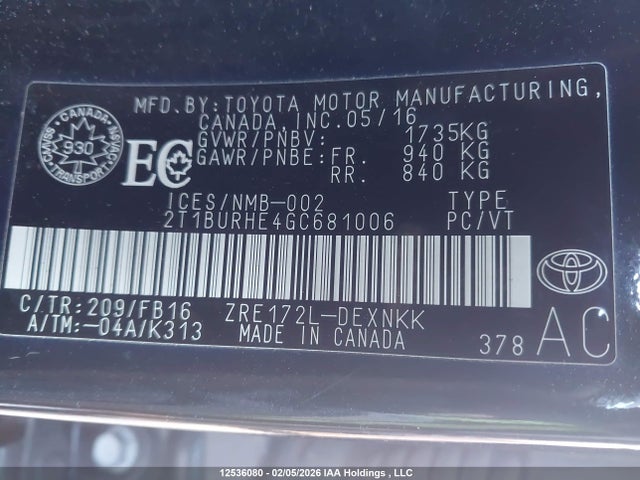 2T1BURHE4GC681006 Toyota Corolla L/le/le Pls/prm/s/s Pls