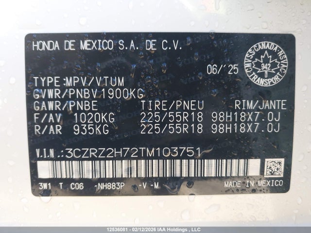 3CZRZ2H72TM103751 Honda Hr-v Exl