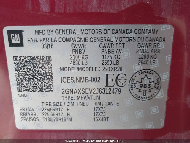 Продаж на аукціоні авто 2018 Chevrolet Equinox Lt, vin: 2GNAXSEV2J6312479, номер лоту: 12536083